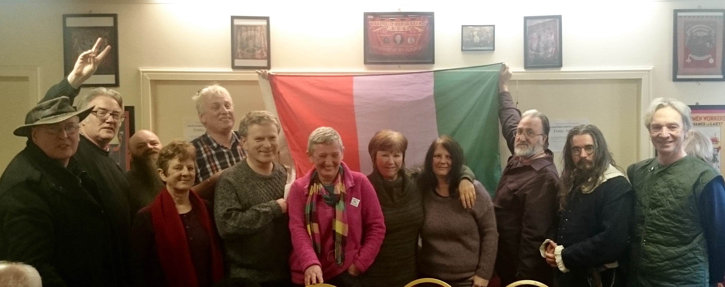 Levellers and Diggers meeting with over 40 people discussing England's democratic revolution, and here are a few rebels with the people's flag 